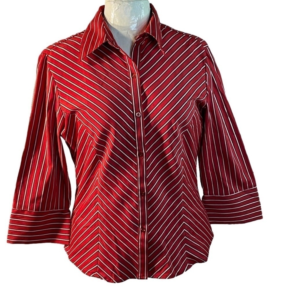 Tangents, red and white striped flex stretch polyester button up shirt Size L
